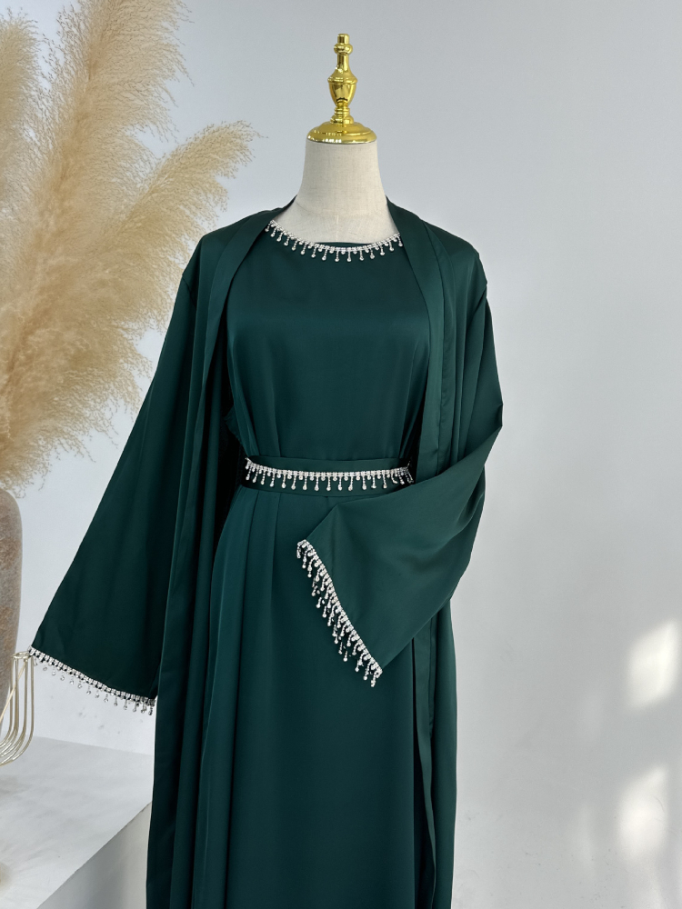 Eid seda cetim festa abayas conjunto 2 peças ramadan feminino com 2 correntes de diamante cardigan robe abaya islâmico 2024