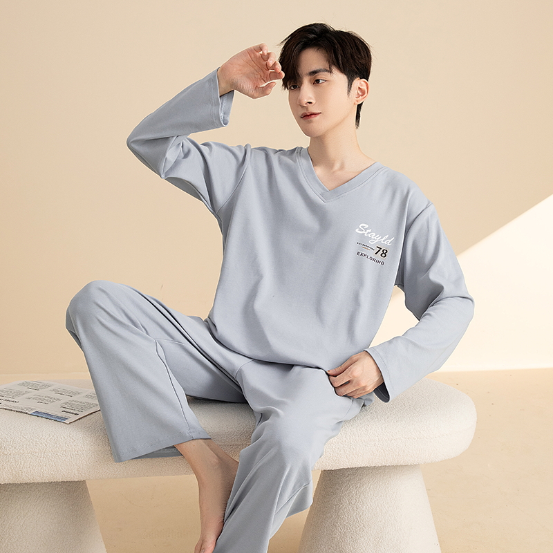 Pijamas informales de algodón con cuello redondo, conjuntos de Pijama para hombre, camisetas transpirables de manga larga para dormir, ropa de dormir, pijama para hombre, traje para casa, envío directo