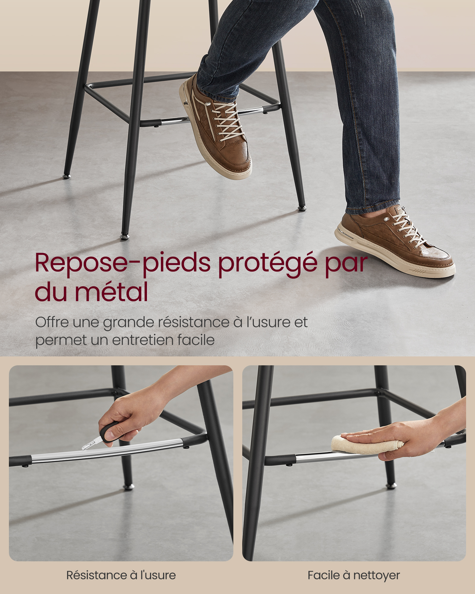 Tabourets de Bar, Lot de 2, Ergonomique, PU, Structure Métallique avec Pieds Réglables Articulés, 73 cm de Hauteur, Noir d'encre