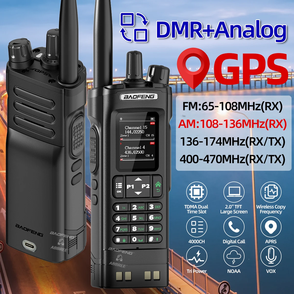 BAOFENG DM32 DMR Digital Walkie Talkie GPS Multi Band Wireless Copy Frequency Type-C 2M 70CM FOR DM-32 UV-32 Ham Two Way Radio