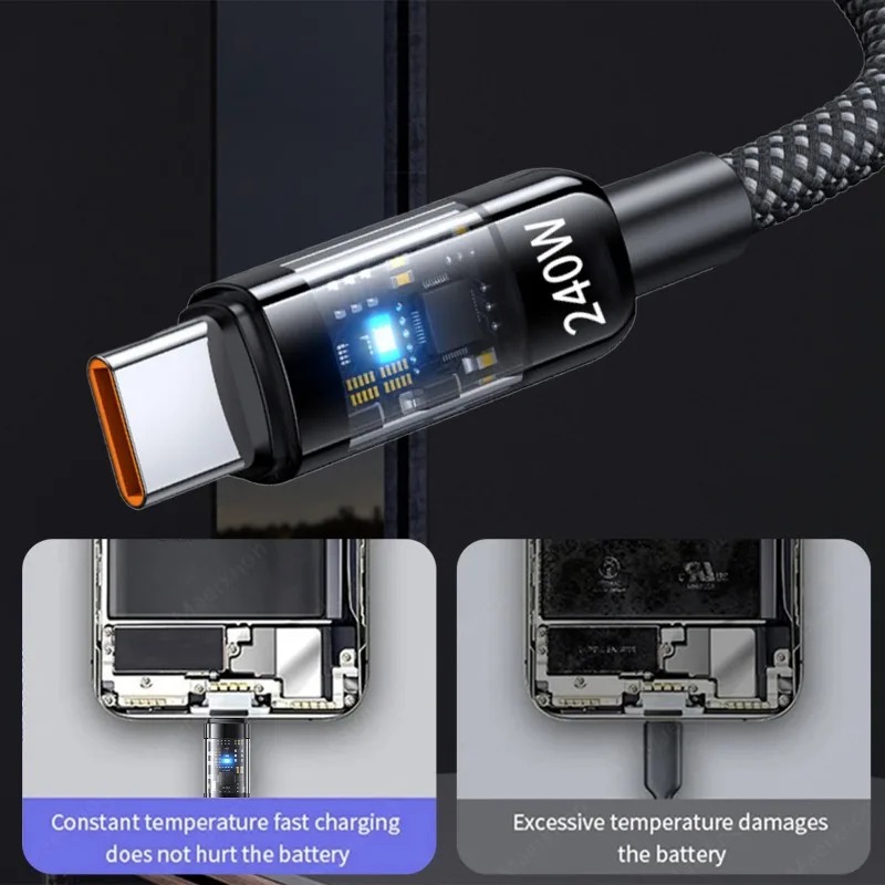 0.25/1/1.5/2M 240W Nylon USB C PD Super Fast Charging Data Cable with LED Digital Display USB To Type C Quick Charge Data Cords