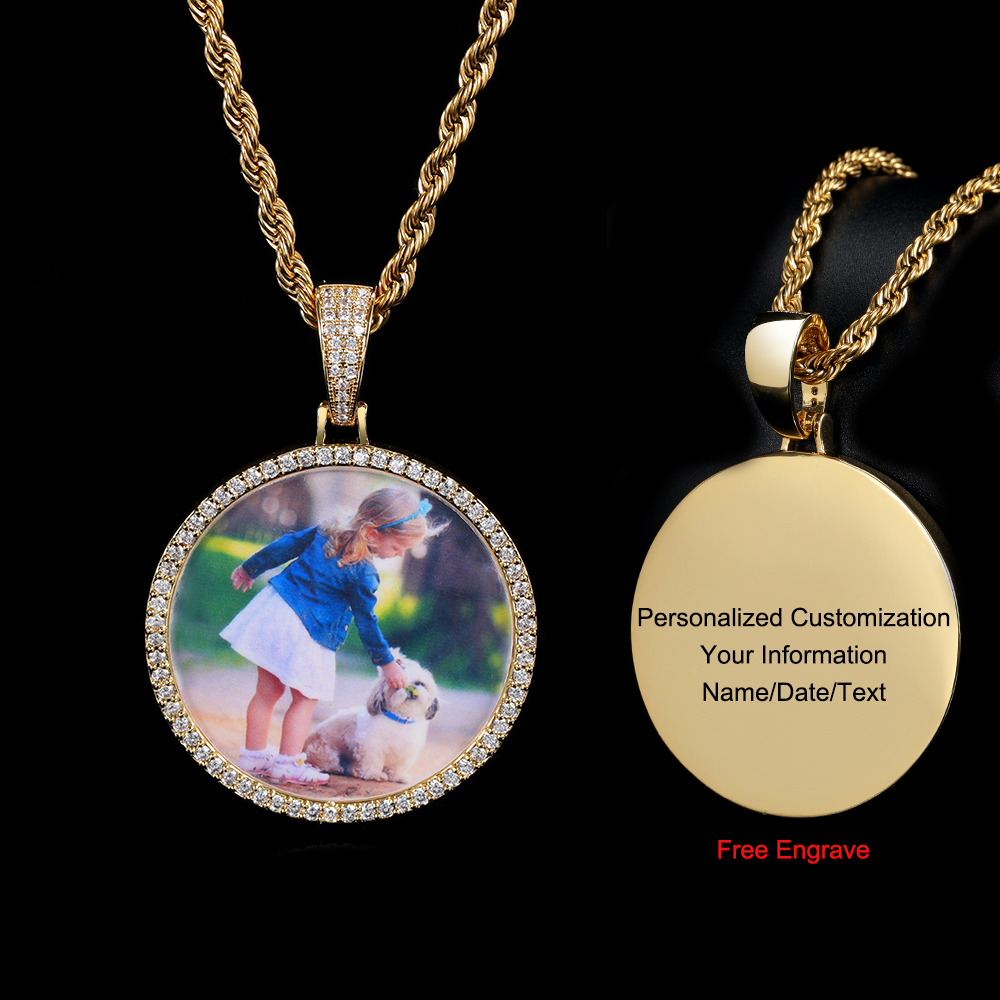 Custom Photo Necklace For Men Personalized Medallion Memory Picture Pendant Solid Back Zircon Hip Hop Jewelry Free Engrave
