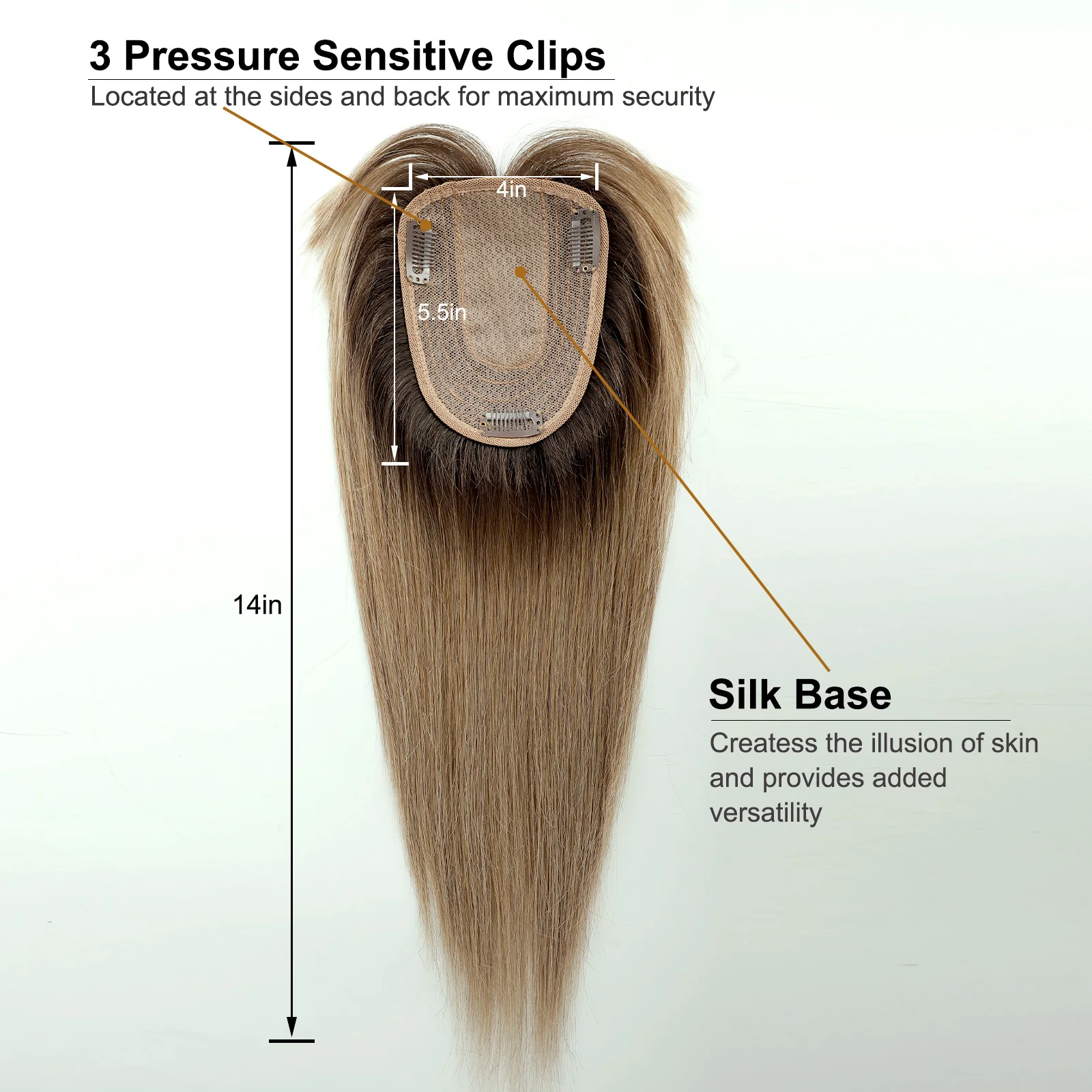 100% remy toppers de cabelo humano com franja 14in marrom ombre peças de cabelo humano para mulheres com desbaste cabelo base de seda clipe em topper