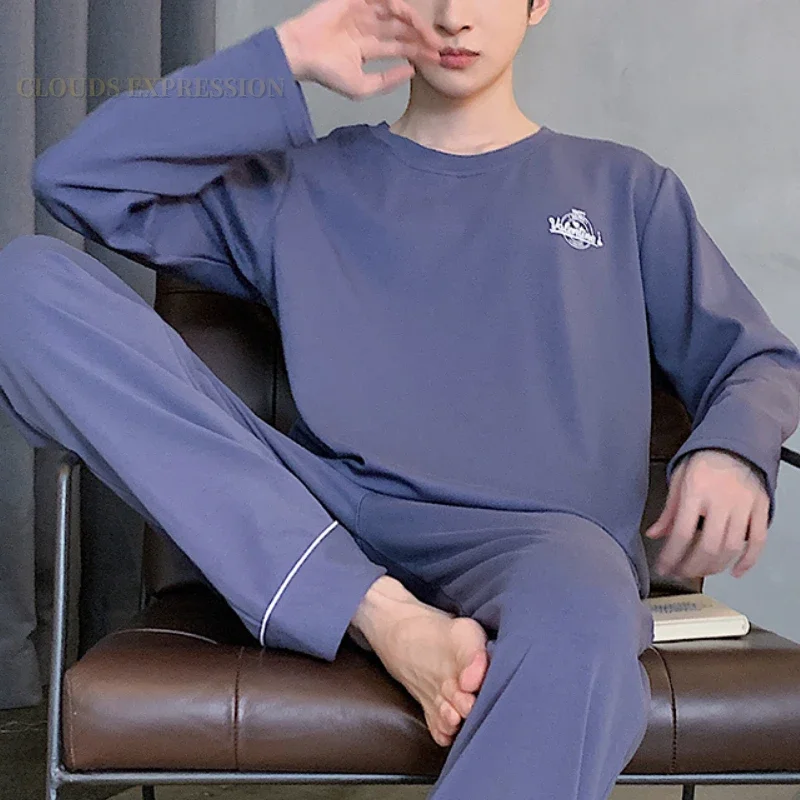 Frühling Herbst Sportliche Gestrickte Lange Ärmeln männer Pyjamas Sets Männlichen Pyjama Set Brief Pyjama Für Männer Nachtwäsche Anzug homewear 3XL