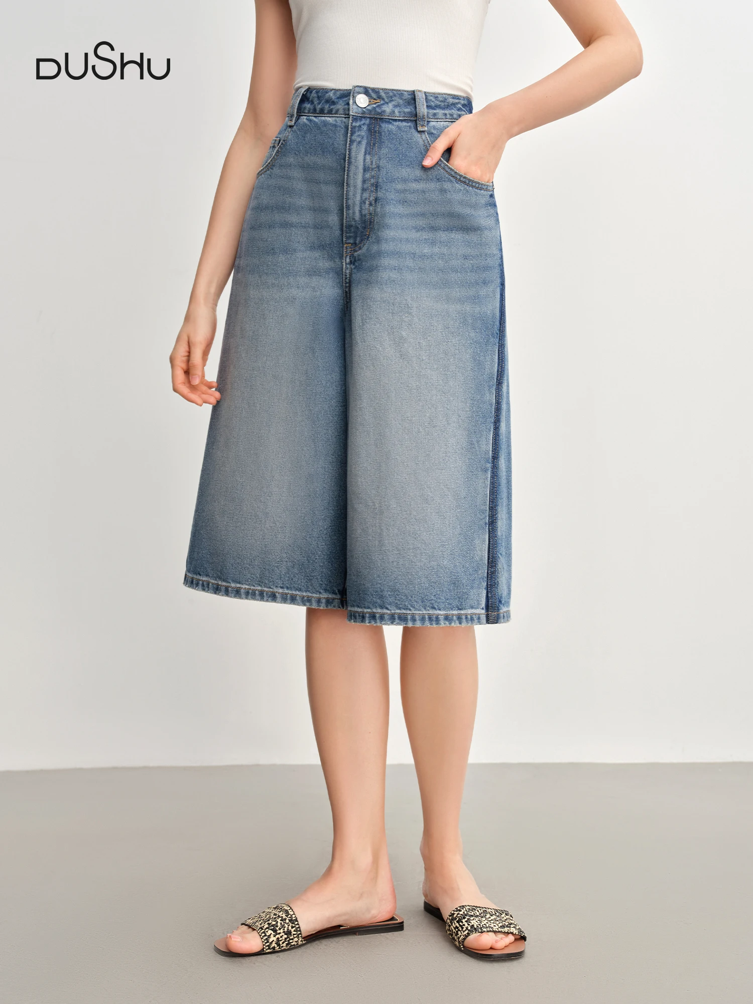 DUSHU Plus Size Women's Casual High-Waisted 7/8 Length Wide-Leg Jeans - 2025 New Arrival Jeans 25DS82853