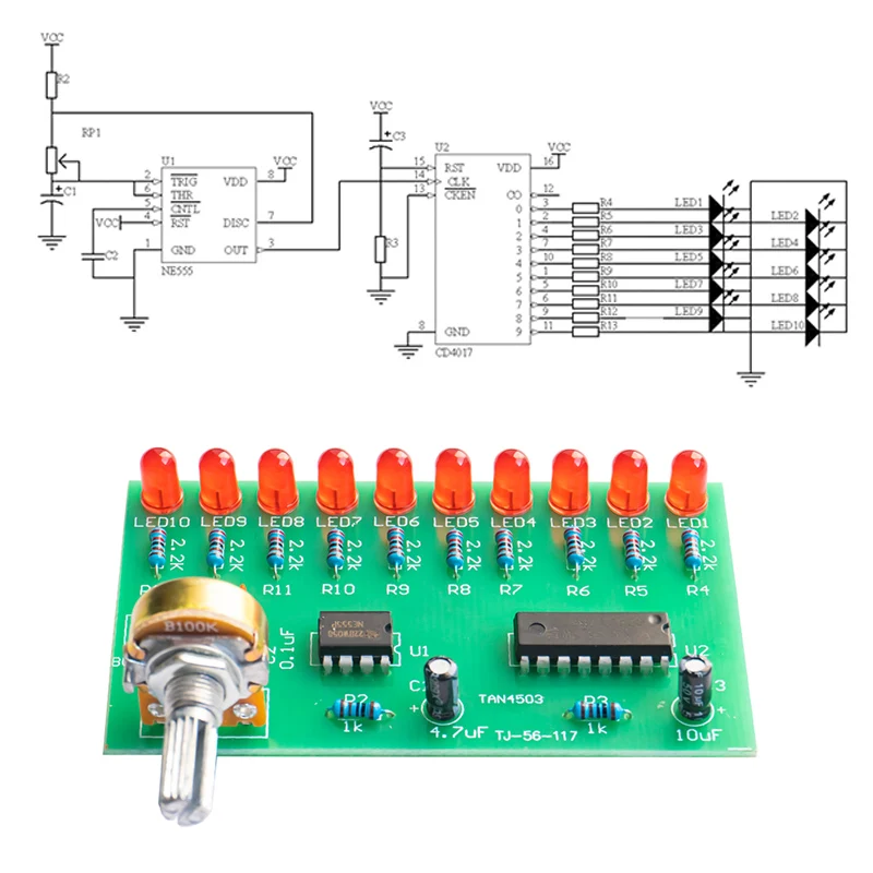NE555 + CD4017 LED Flow Lamp circuito di saldatura Kit fai da te Set di componenti elettronici Kit di allenamento per saldatura