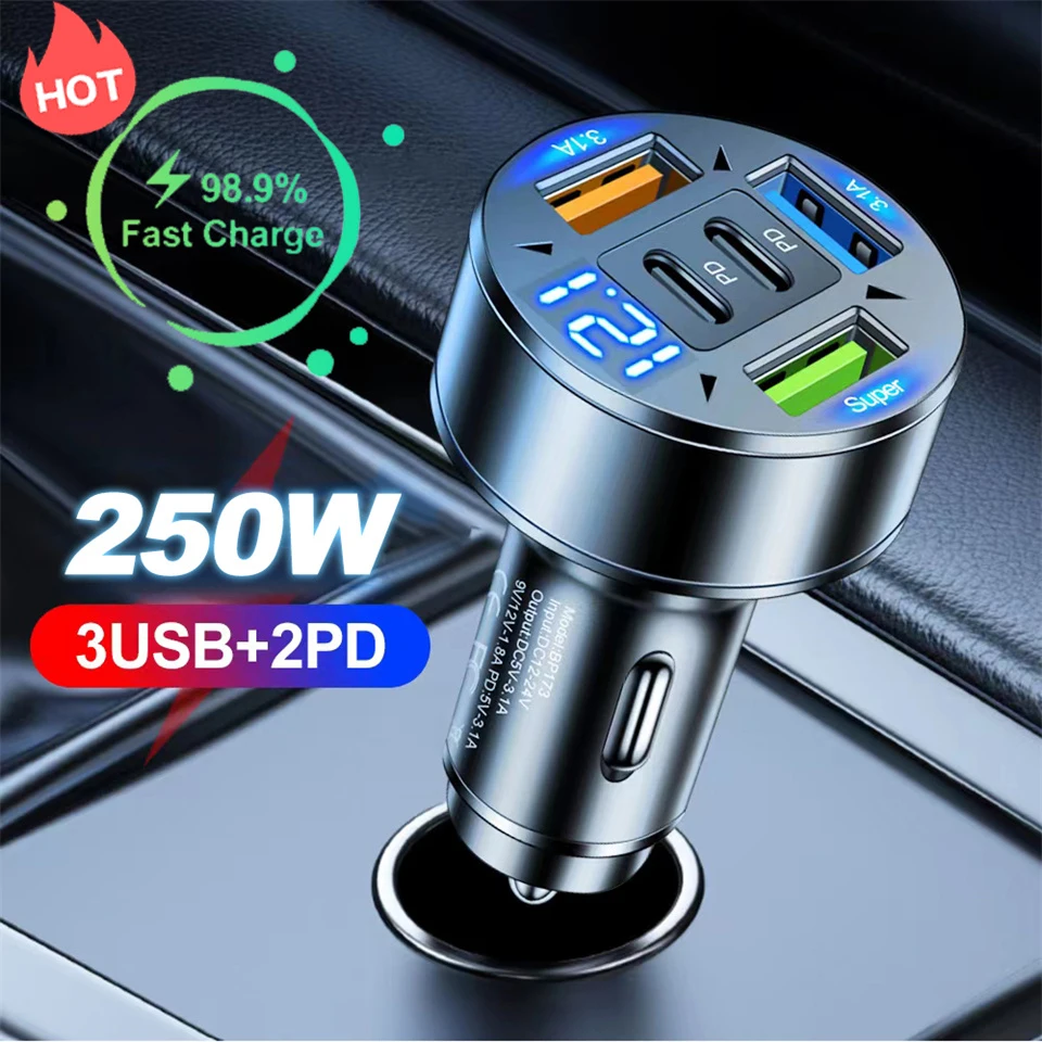Caricabatteria da auto 250W 5 porte ricarica rapida PD QC3.0 USB C adattatore per caricabatteria da auto con tensione per iPhone Samsung Huawei Xiaomi