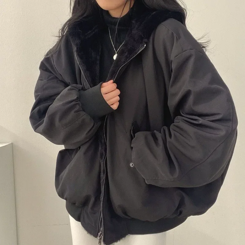 Jaqueta casual com capuz feminino, casaco de camada dupla, confortável, estilo coreano, simples, monocromática, quente, grosso, inverno, outono, 2022