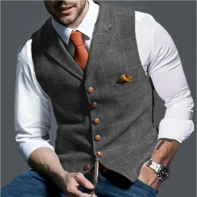 Męskie kamizelki formalne Tweedowe garnitury Kamizelka biznesowa dla mężczyzn z klapami V-Neck Marynarka w kratę Kamizelka Groomman Wedding Brwon Slim Fit Garnitury Kamizelki