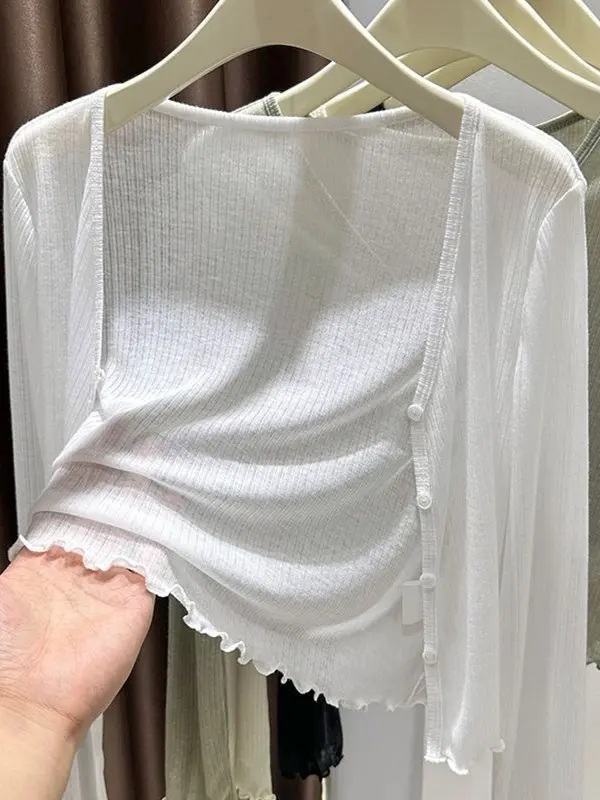 Cardigan F Plus Size de Seda Gelada Fina com Proteção Solar, Manga Curta, Estilo Outwear com Borda Efeito Madeira para...