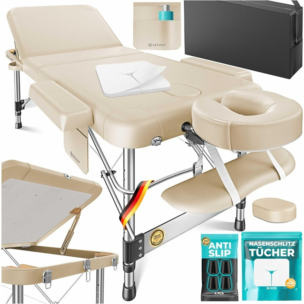 Zusammenklappbarer und höhenverstellbarer 3-Zonen-Massagetisch, Aluminium + 10 Gesichtskissen, mit Kopfstütze, Armlehnen und Tasche, Beige