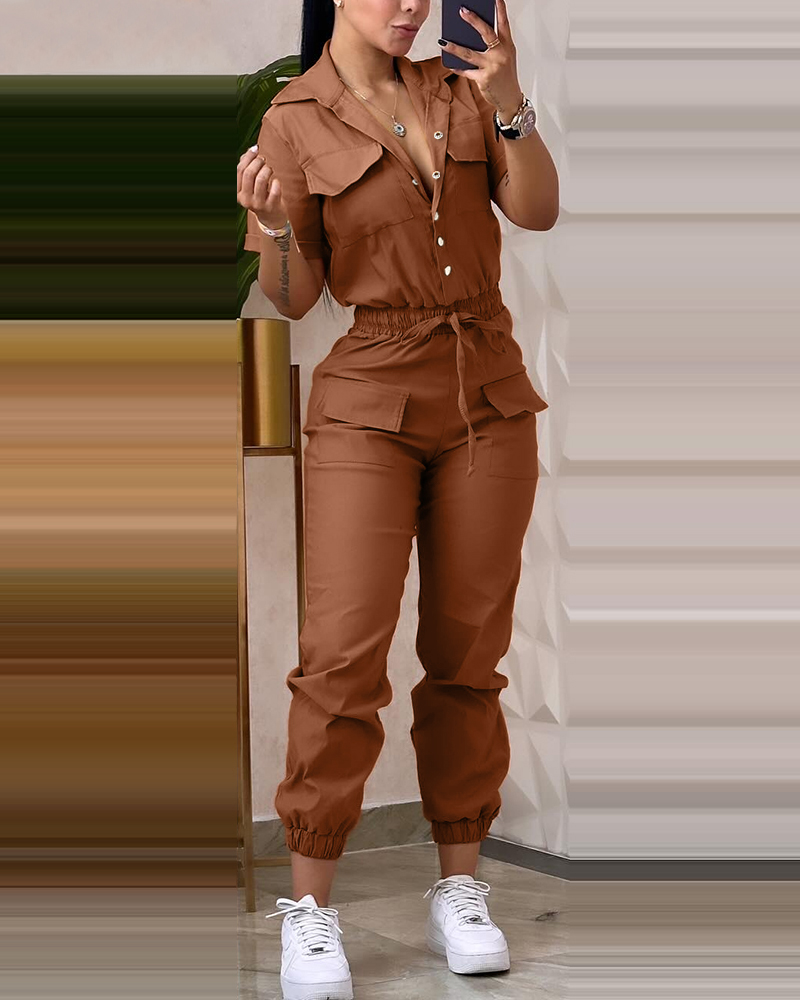 เซ็กซี่ใหม่แฟชั่น 2024 ฤดูร้อนสบายๆหญิงเสื้อผ้าชุดสีทึบแขนสั้นเอวสูง Workwear Jumpsuit