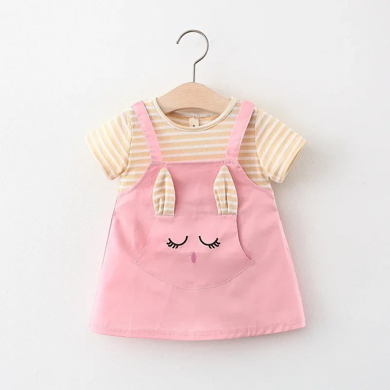 Vestido de gato dos desenhos animados do bebê, manga curta listrada, vestido de princesa suspenso, roupas de 0-3 anos, verão