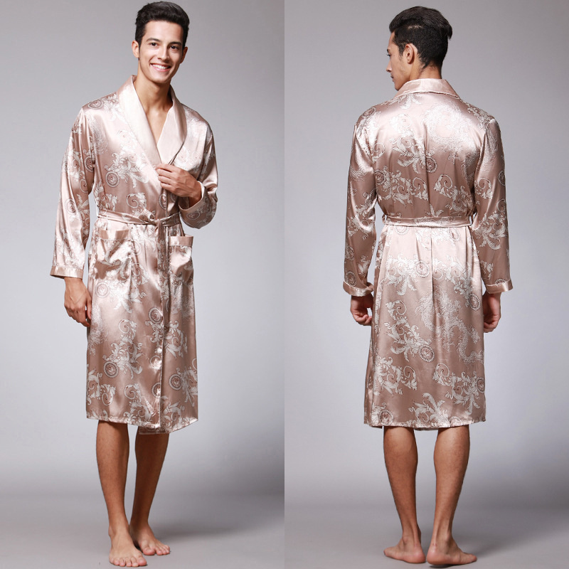 Bata de baño tipo kimono para hombre, bata de baño larga de satén de seda con dragón dorado, bata hasta la rodilla, ropa de dormir negra, verano y otoño