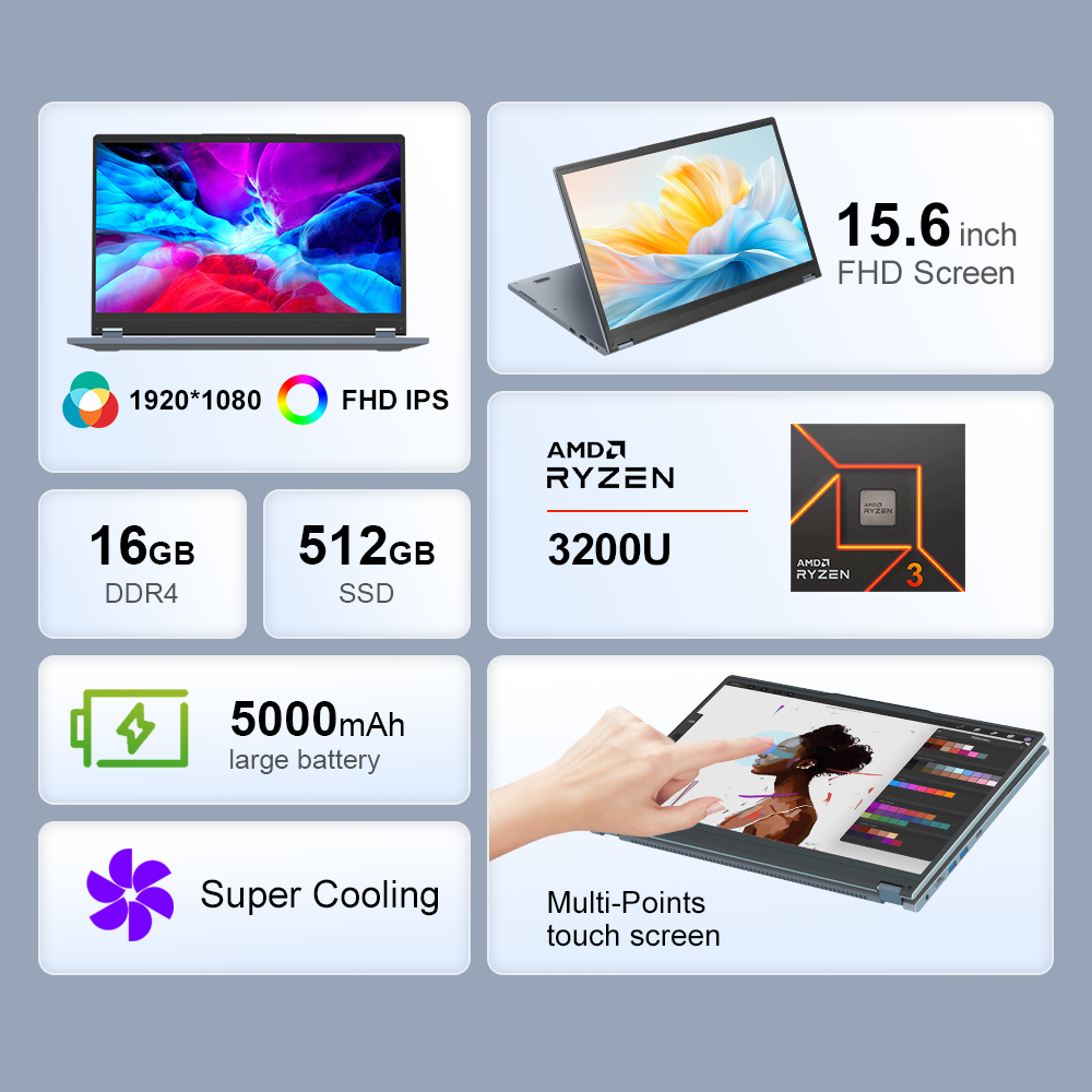 Ninkear YBOOK15 Laptop 2 in 1 AMD Ryzen ™ 3 3200U 15,6' 360 ° flip FHD IPS Touchscreen 16G+512GB SSD Tastiera retroilluminata Windows 11