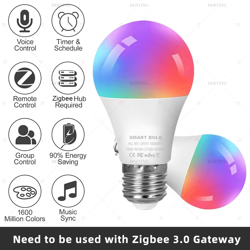 Zigbee 3,0 bombilla Led inteligente 110V 220V E27 B22 lámparas RGBCW funciona con Alexa Echo Plus Google Home Assistant aplicación Control de voz 2MQTT