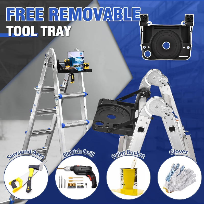 HBTower A Frame 4 Step Extension Ladder, 14 Ft Multi Position Ladder with Removable Tool Tray and Stabilizer Bar, 330 lbs