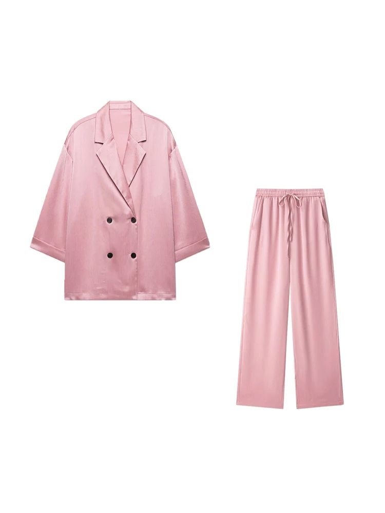 Zweireihiger, lockerer Blazer-Mantel für Damen und Hose mit hoher elastischer Taille und weitem Bein, zweiteilige weibliche Sets, Mode
