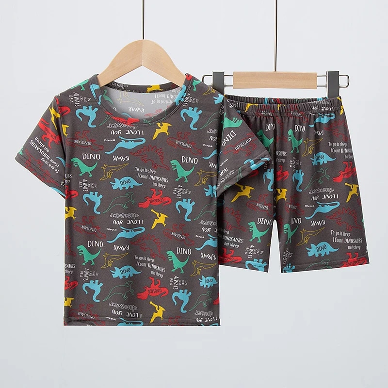 2 pezzi divertente vestito da stampa per bambini ragazzo dinosauro multicolore manica corta ragazza dolce e adorabile fiocco comodo costume da pantaloncini Joker