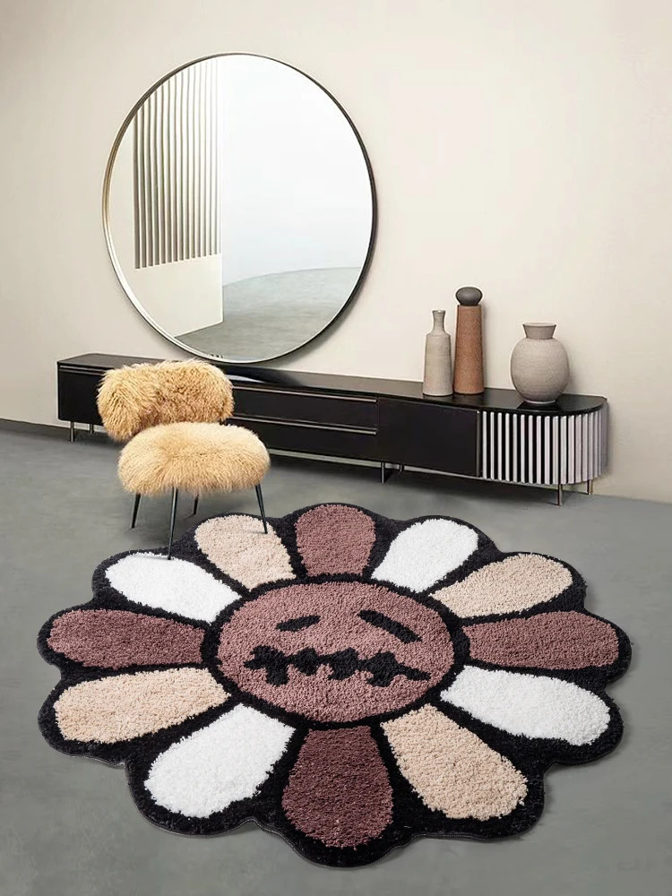 Alfombra capitoné con cara sonriente, alfombra artística de flores para dormitorio, sala de estar, alfombra esponjosa Retro de arcoíris para baño, alfombra antideslizante para decoración del hogar