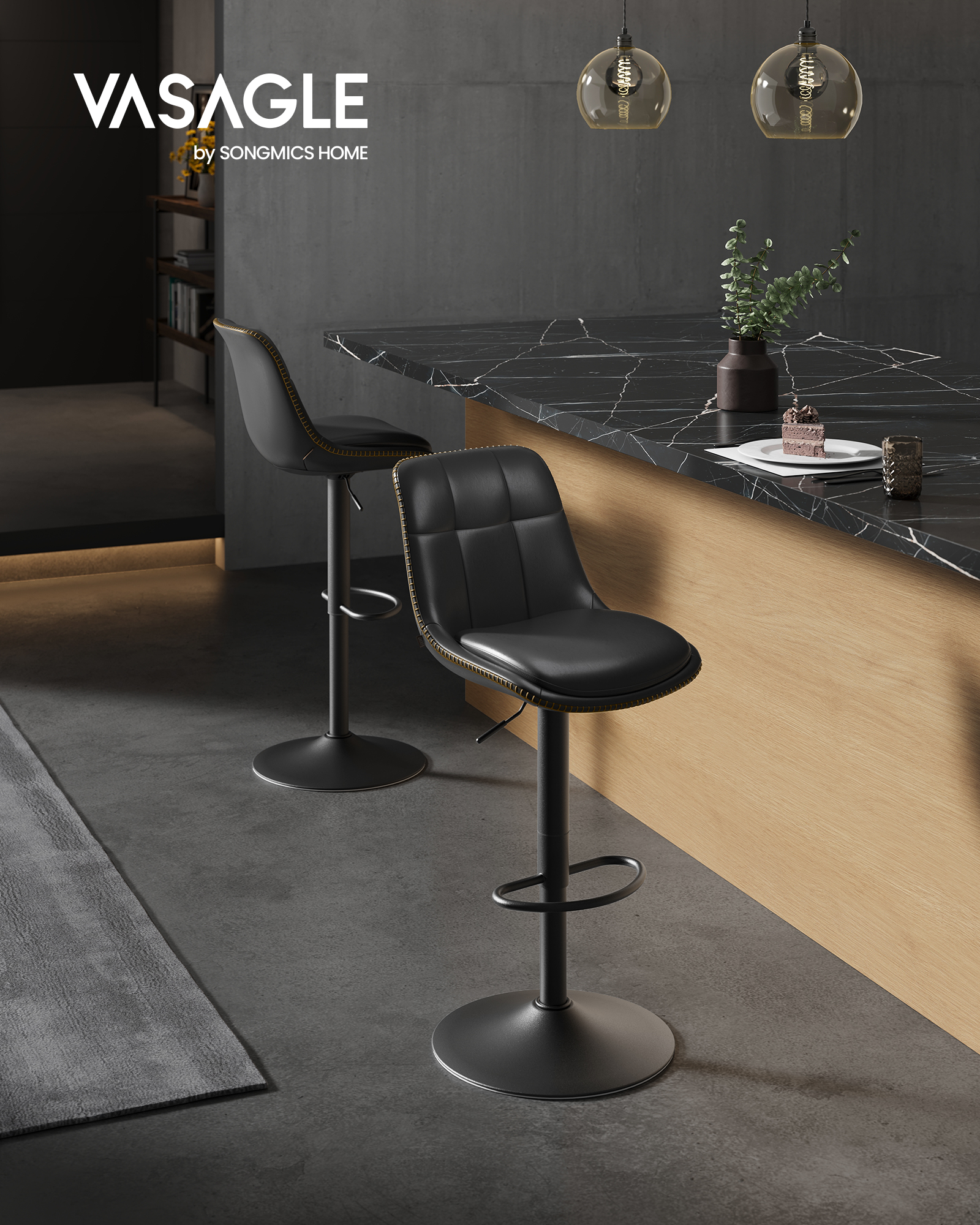 Tabourets de Bar, Lot de 2, Chaise de Cuisine, Siège Pivotant à Hauteur Réglable, Matelassé, en PU, avec Dossier et Repose-Pieds, Salle à Manger, Comptoir, Acier,Noir d'encre/Gris Tourterelle/Marron Caramel/Vert Forêt