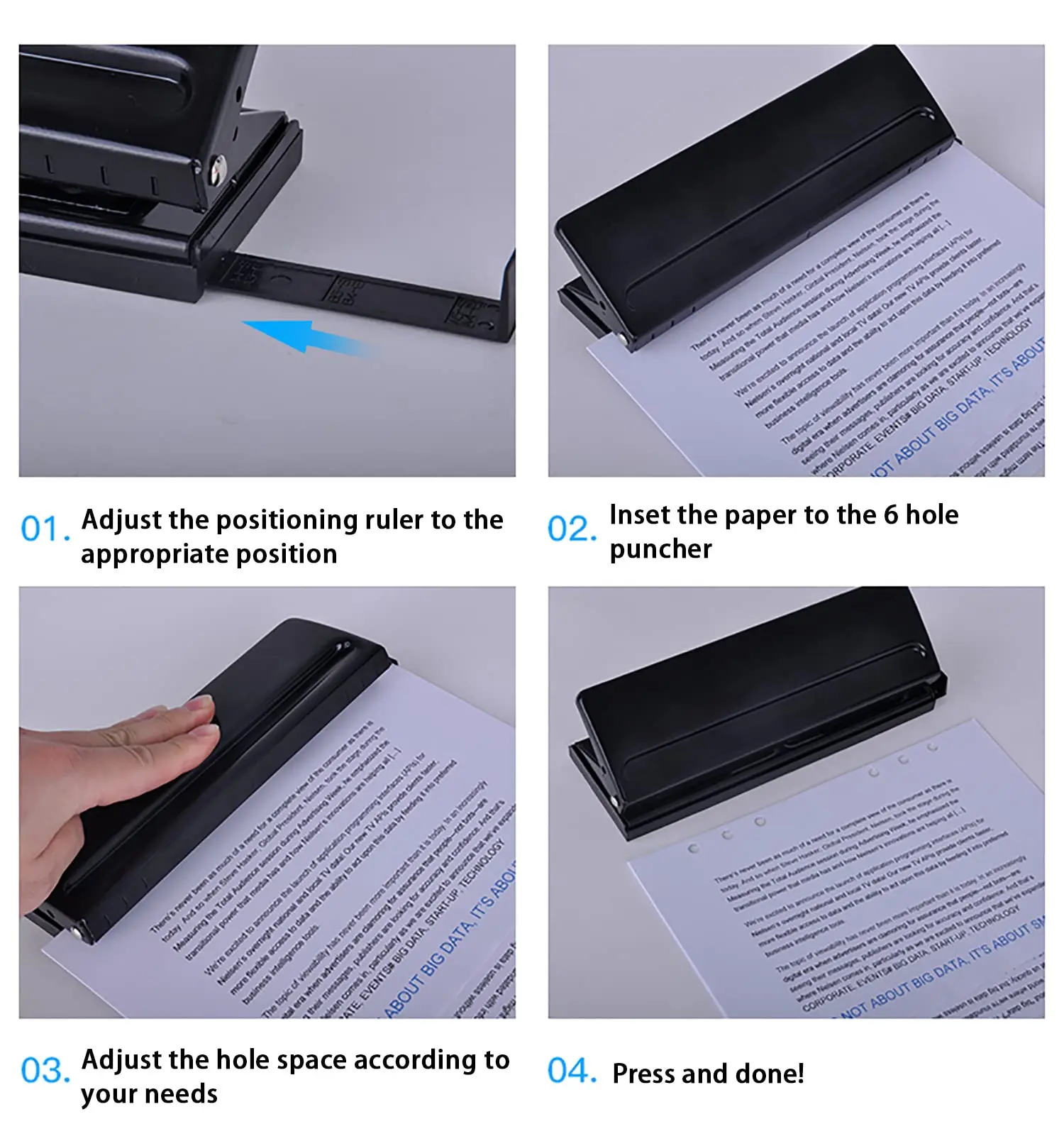 6-Hole Paper Punch with Positioning Mark Adjustable  Black Pink Daily Puncher for A5 for A4 / A5 / A6 / Personal/Pocket Size