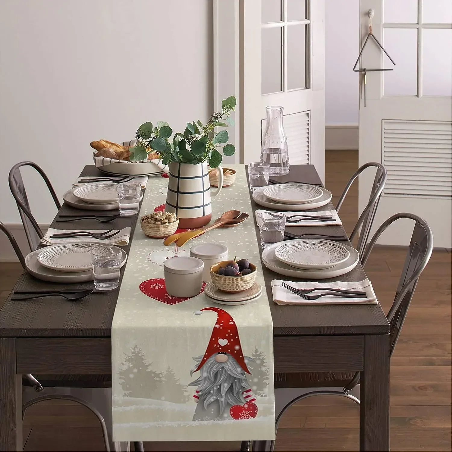 Caminos de mesa de lino con forma de corazón de amor, Gnomo de Navidad, copo de nieve, tocador, bufandas, decoración reutilizable, camino de mesa de comedor de cocina, decoración de fiesta