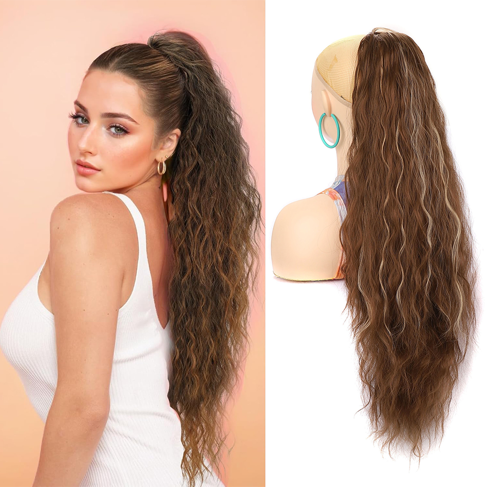 ผมหางม้าขยาย 30 นิ้วยาวพิเศษ Drawstring Wavy Curly Ponytails สีดําสีน้ําตาลเส้นใยสังเคราะห์ผมปลอมชิ้นสําหรับผู้หญิง