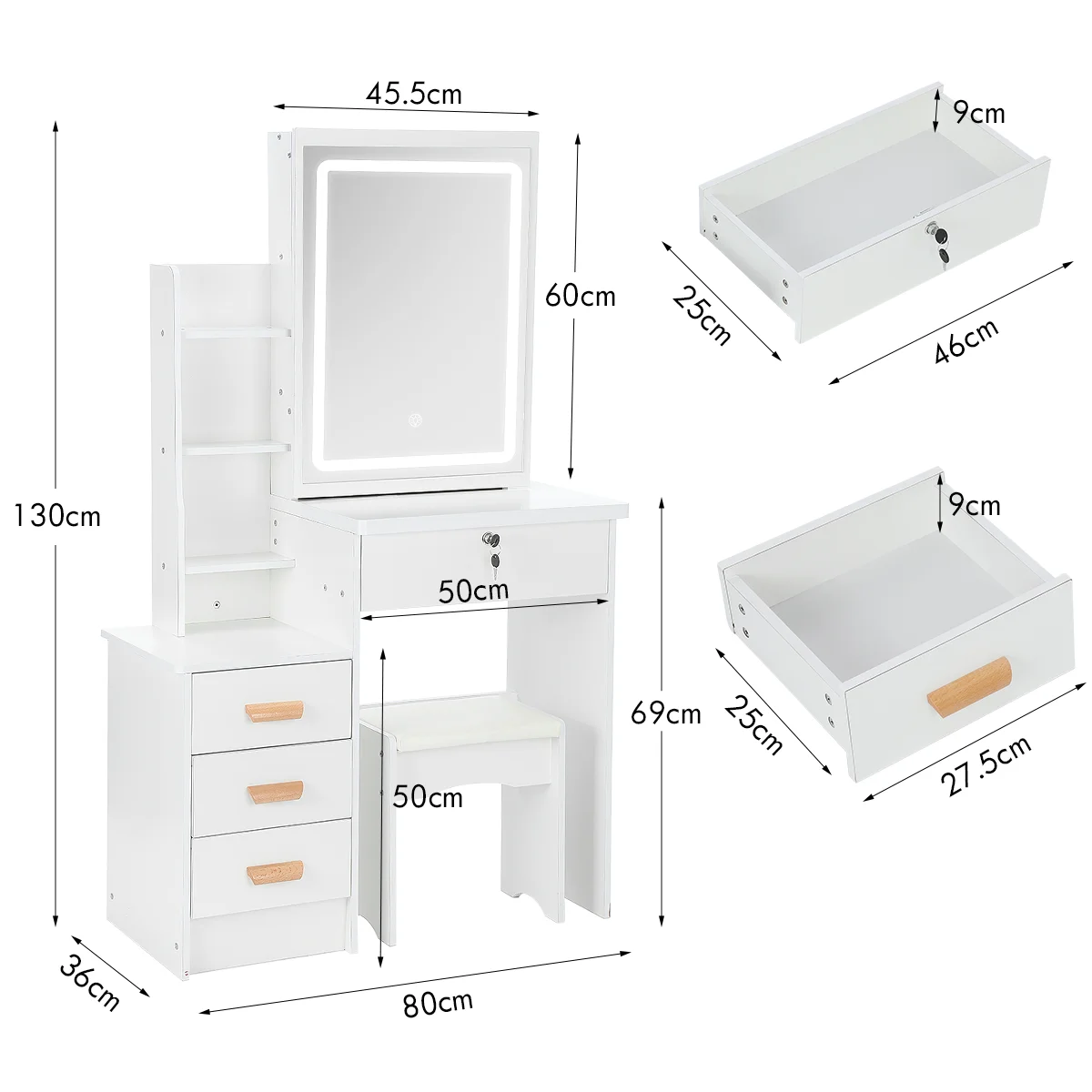 Toeletta con specchio e sgabello, Vanity Desk con luci a LED-3 colori, luminosità regolabile, Vanity Table con cassetti