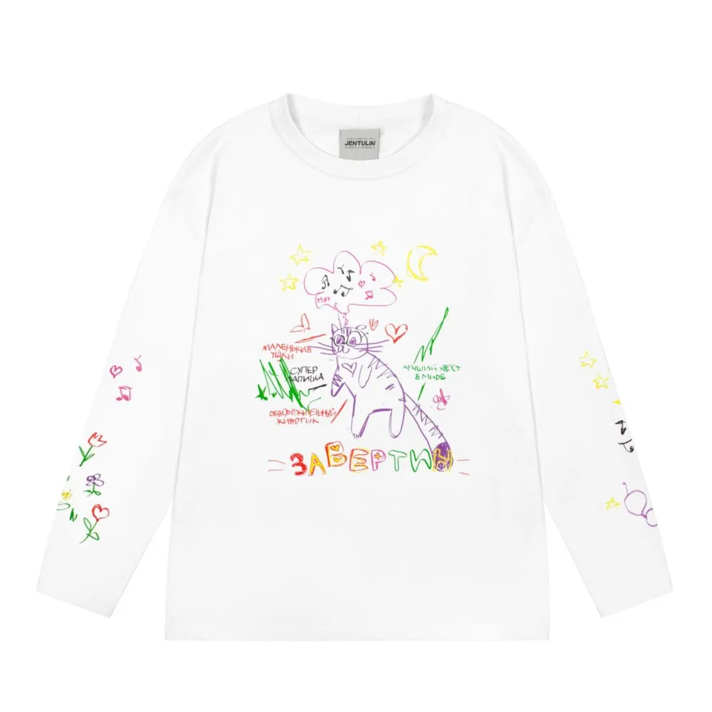 特大紳士服ストリート漫画猫プリント秋ヒップホップ韓国長袖 Y2k トップ Tシャツ綿グラフィックユニセックス Tシャツ