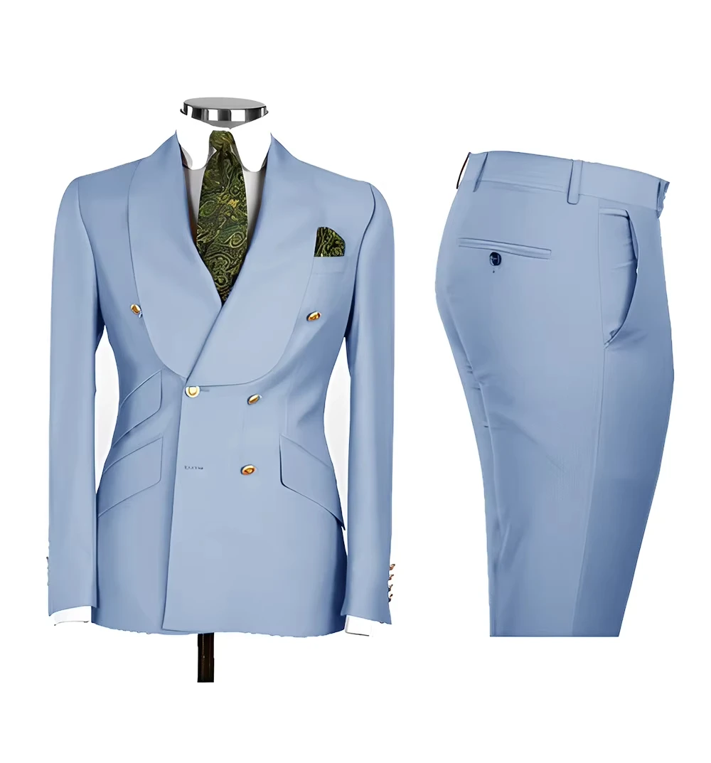 Trajes de hombre azul claro, chaqueta elegante con doble botonadura, solapa de pico, conjunto Formal elegante, chaqueta de 2 piezas, pantalones, esmoquin para novio de boda