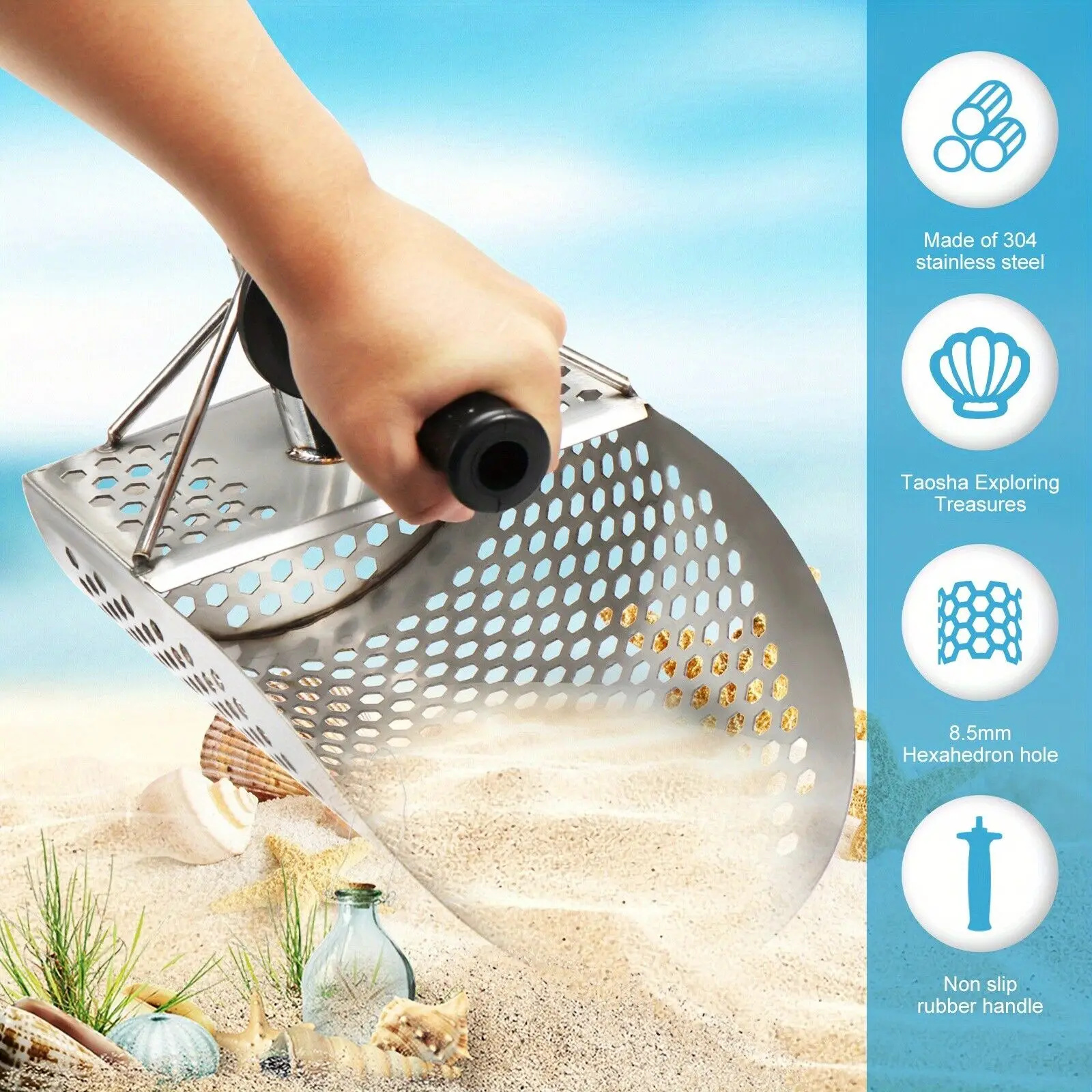 Sand Scoop for Metal Detecting, Heavy Duty Metal Detector Beach Finds Scoop, Stainless Steel Metal Detecting Tool