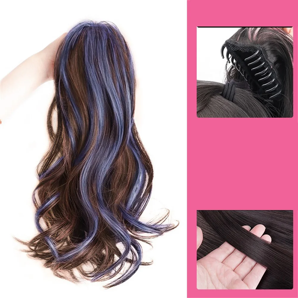 Trendy Vrouwen Pruik Dames Lang Haar Gesimuleerde Haar Gemarkeerd Geverfd Kleurrijke Zoete Cool Gesp Stijl Half Gebonden Hoge Paardenstaart