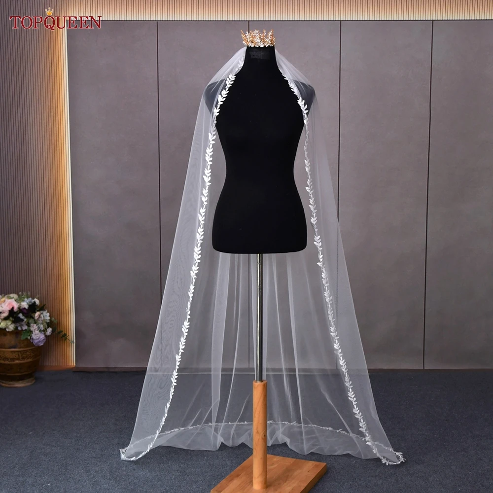 TOPQUEEN V129 ผ้าคลุมหน้างานแต่งงานสั้นLeaf Vine Applique Edgeธรรมดาผ้าคลุมหน้าเจ้าสาวOne Laye Elegant Rochiiอุปกรณ์จัดงานแต่งงานขอบ