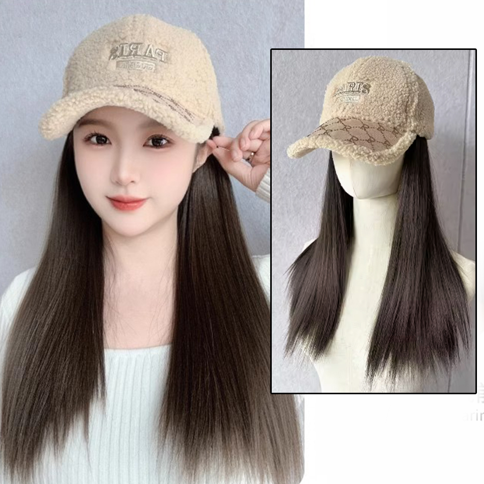 Шляпа, парик, женские длинные прямые синтетические волосы, модные осенние и зимние волосы ягненка, утиный язык, прямые волосы, парик, шляпа