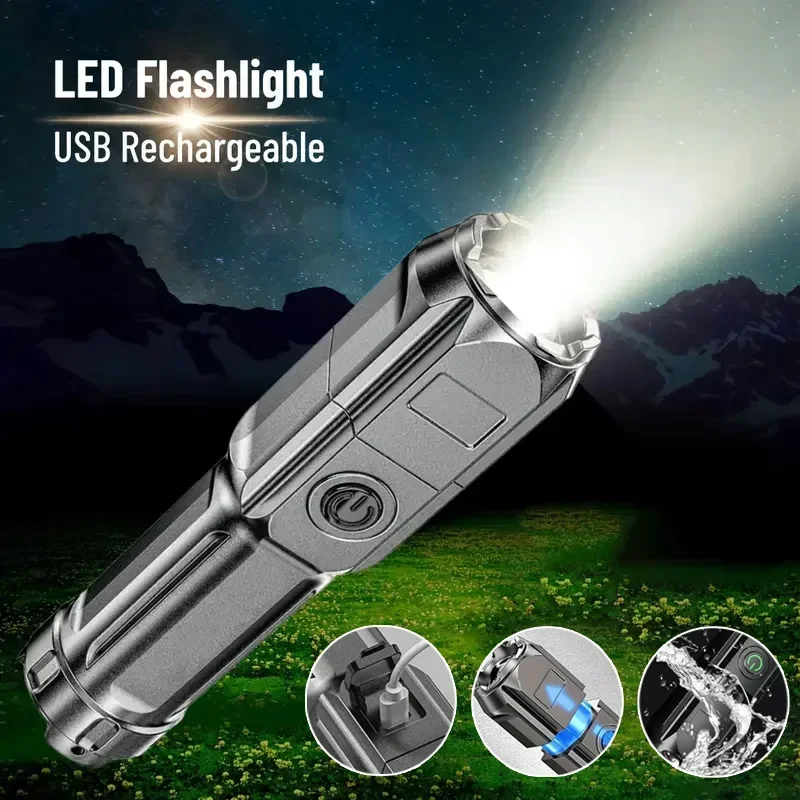 Lampe de poche LED puissante, torche tactique Rechargeable par USB avec Zoom télescopique, 4 Modes, étanche, longue portée, pour Camping en plein air