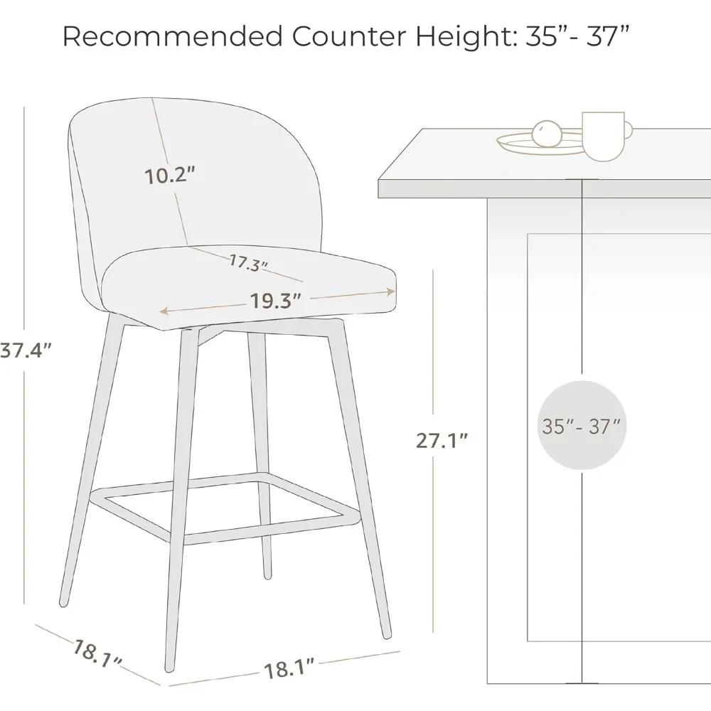 Counter Height Bar Stools Set of 3, 360° Swivel Upholstered Barstools with Backs and Metal Legs, 26" H Seat