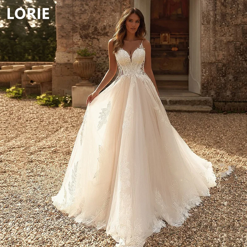 LORIE A-line Fiori Appliques abiti da sposa Abito da sposa Cinghia per spaghetti Abiti da sposa Sweetheart Abito da sposa personalizzato