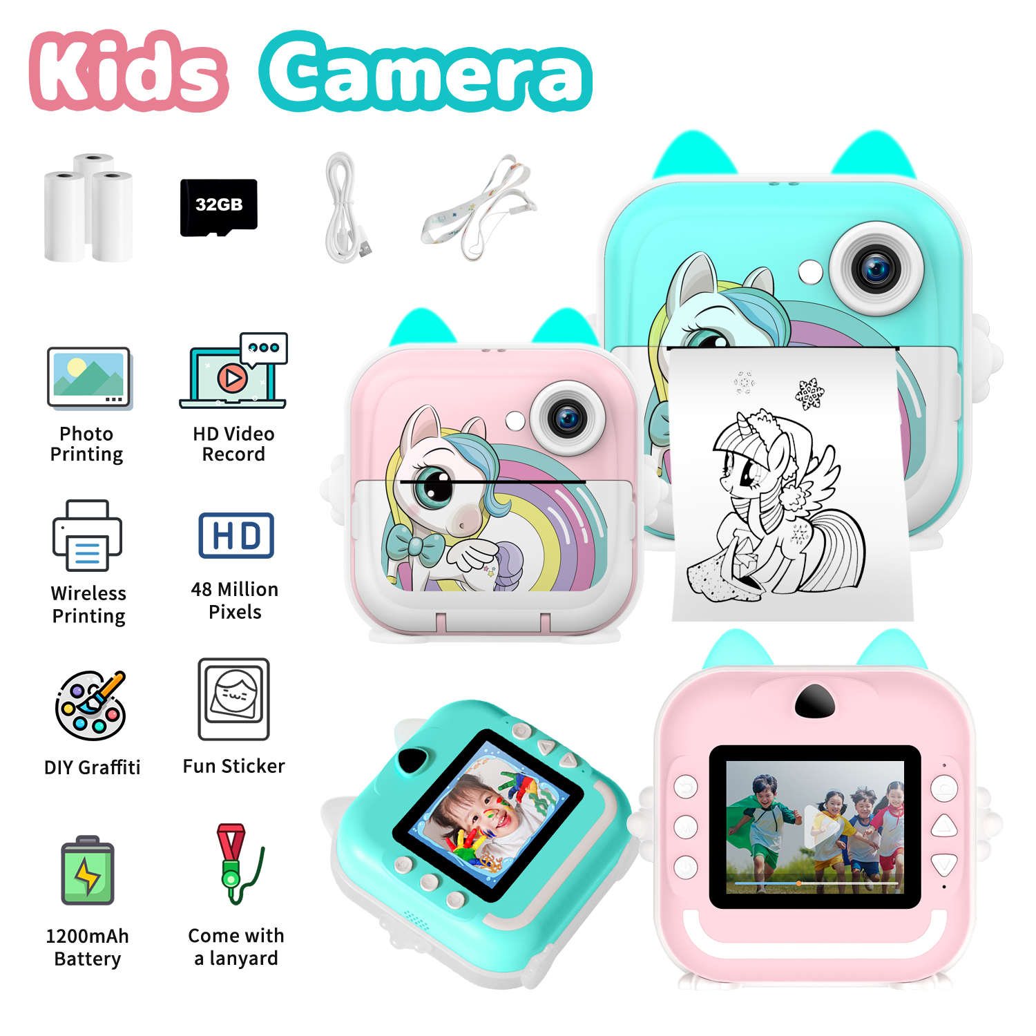 Misirun crianças câmera de impressão instantânea meninos meninas presente crianças câmera de vídeo digital foto impressão térmica 32g cartão brinquedos educativos