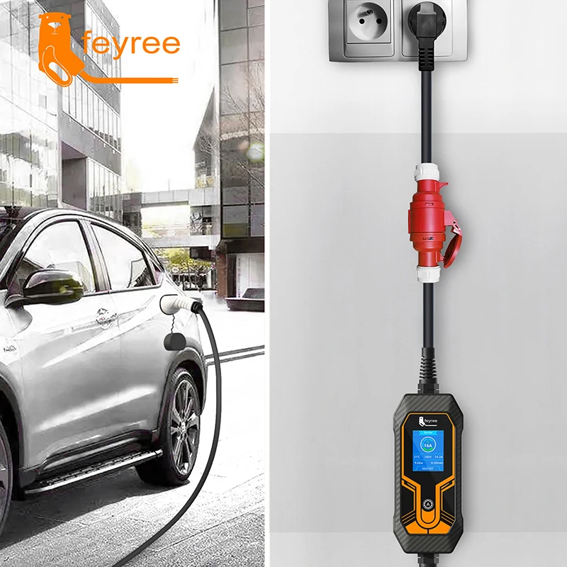 Feyree-cargador EV, enchufe Schuko a enchufe hembra de alimentación roja CEE, adaptador de enchufe de 5 pines, conectar con cargador portátil de 16A, trifásico, 11KW