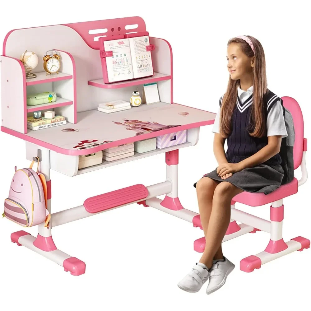 Kids Study Table and Chair Set, Adjustable Art Desk Girls Desk for Bedroom, Study Table with Large Writing Board Bookshelf