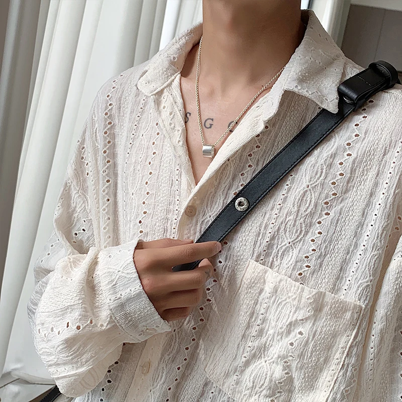 Personalisierte Hemden Männer Hübsche Revers Männer Bluse Urlaub Aushöhlen Sexy Mode Männer Kleidung Männlich Mesh Langarm Shirts