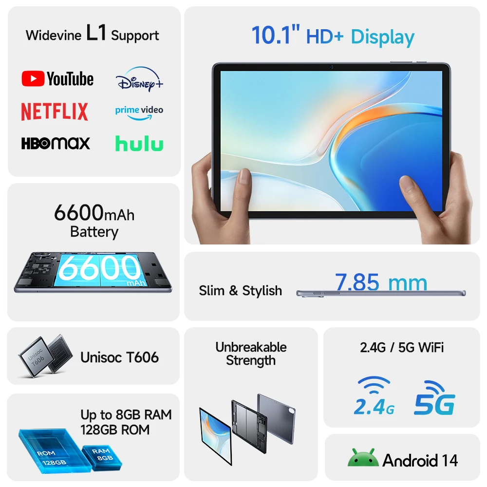 Ulefone tab w10 tablet 10.1 ''hd display 8gb ram 128gb rom 6600mah unisoc t606 android 14 tablet