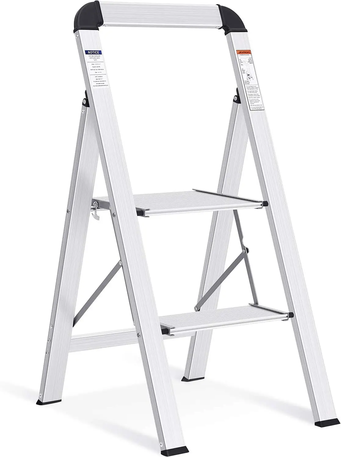 KINGRACK Escalera de Tijera 2 Peldaños, Escalera de Tijera Plegable con Barandilla, Escalera Doméstica Antideslizante con Mecani
