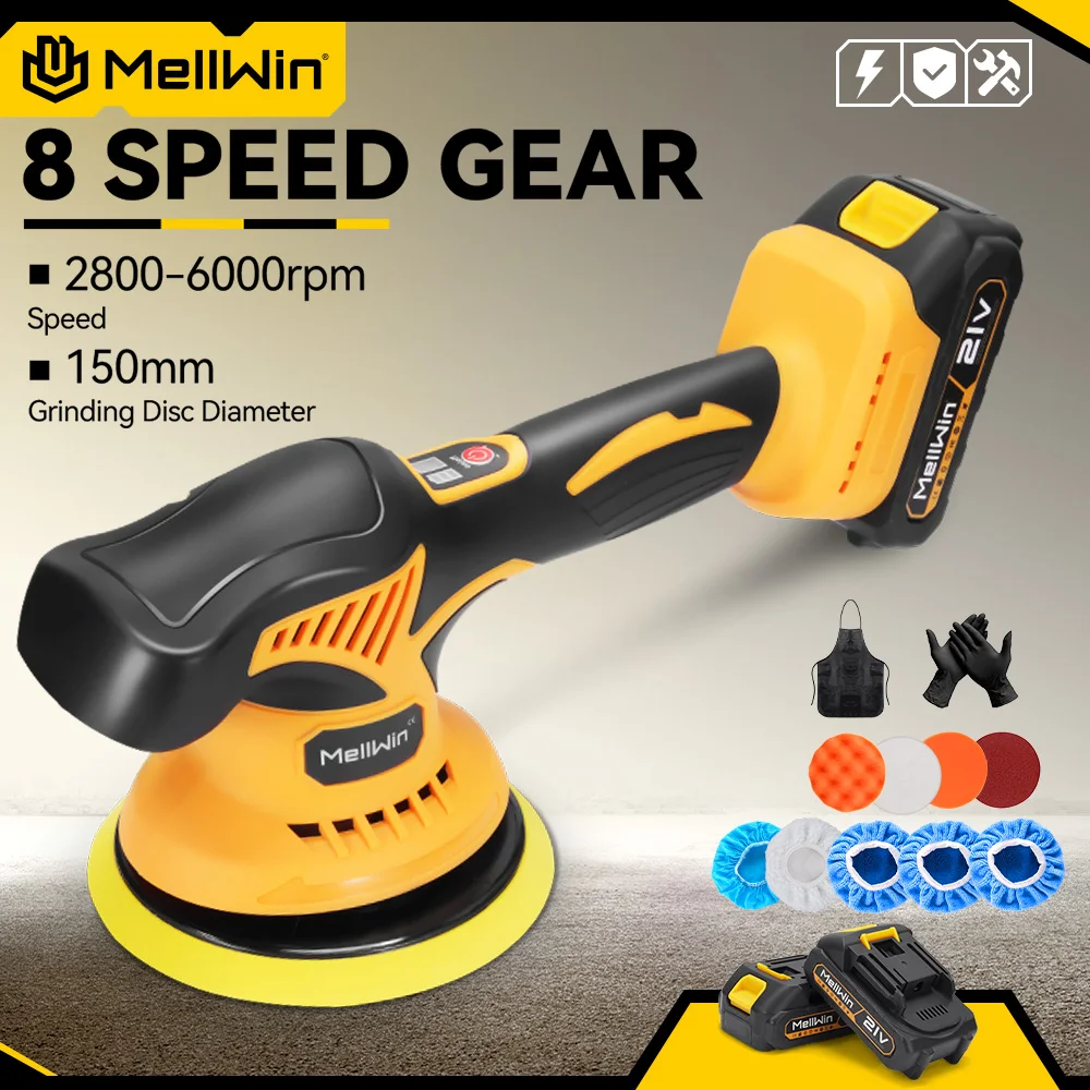 MELLWIN 6000rpm 8Gears Digital Display Cordless Elektrische Polierer Auto Polieren Wachsen Schleif Maschine Für Makita 18V Batterie Pin
