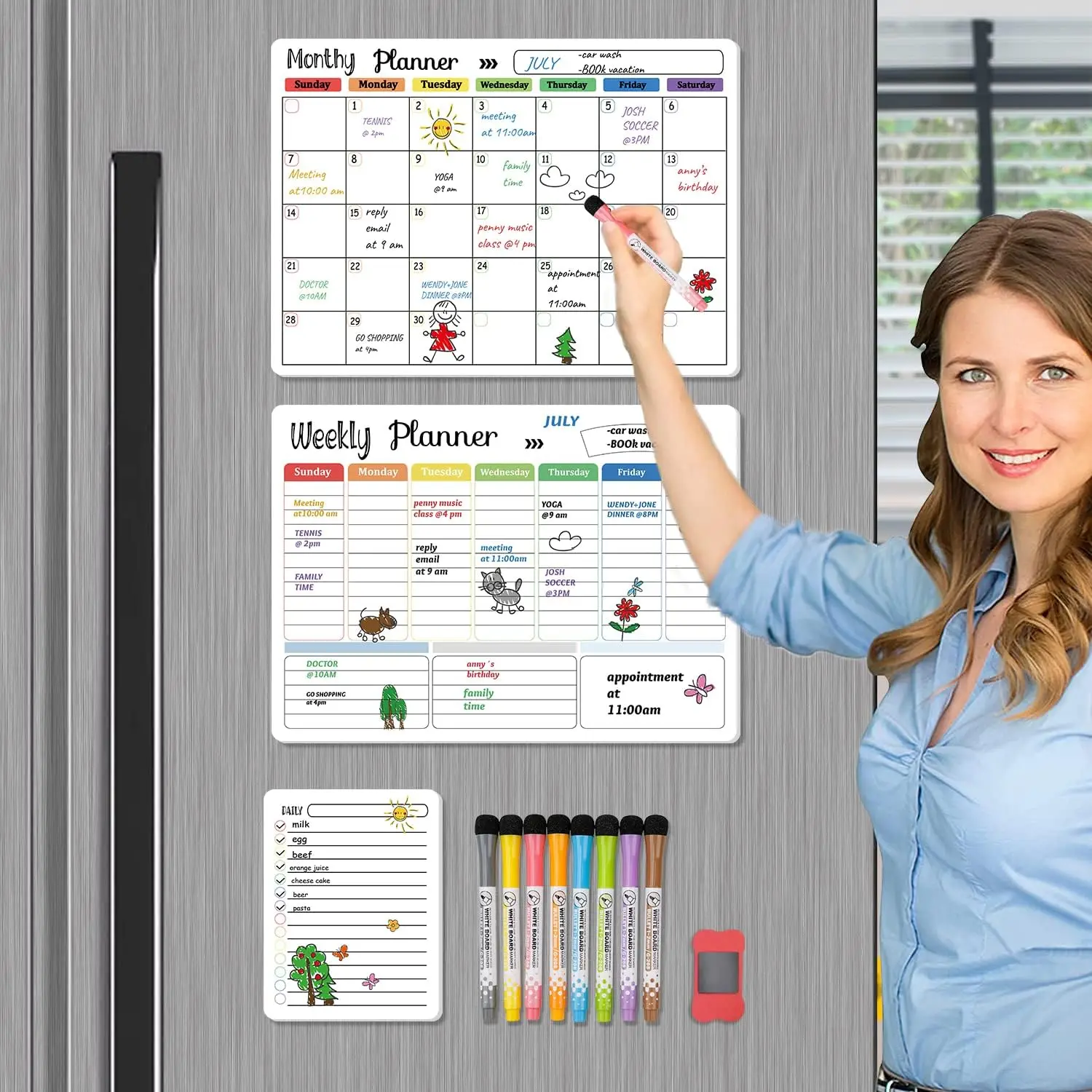 Hivillexun Magnetic Dry Erase Calendar Whiteboard Set (3-Pack) for Refrigerator, Wall, and Fridge Organization with Monthly, Wee
