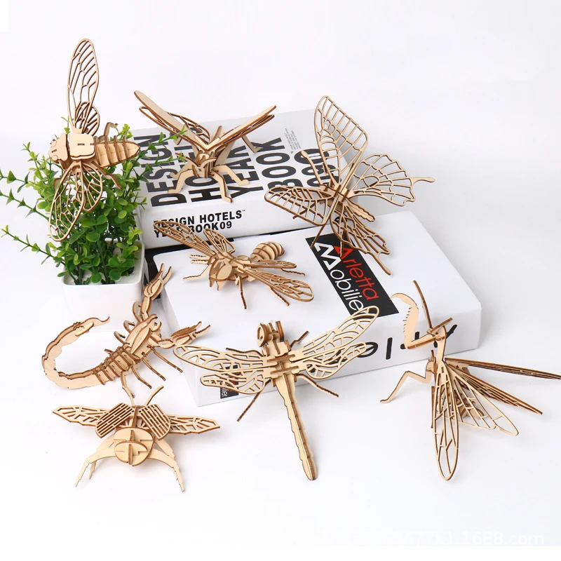 ของเล่นเด็ก 3D ปริศนาไม้แมลงสัตว์ Handmade การศึกษาประกอบของขวัญของเล่นสําหรับเด็กตกแต่งบ้าน