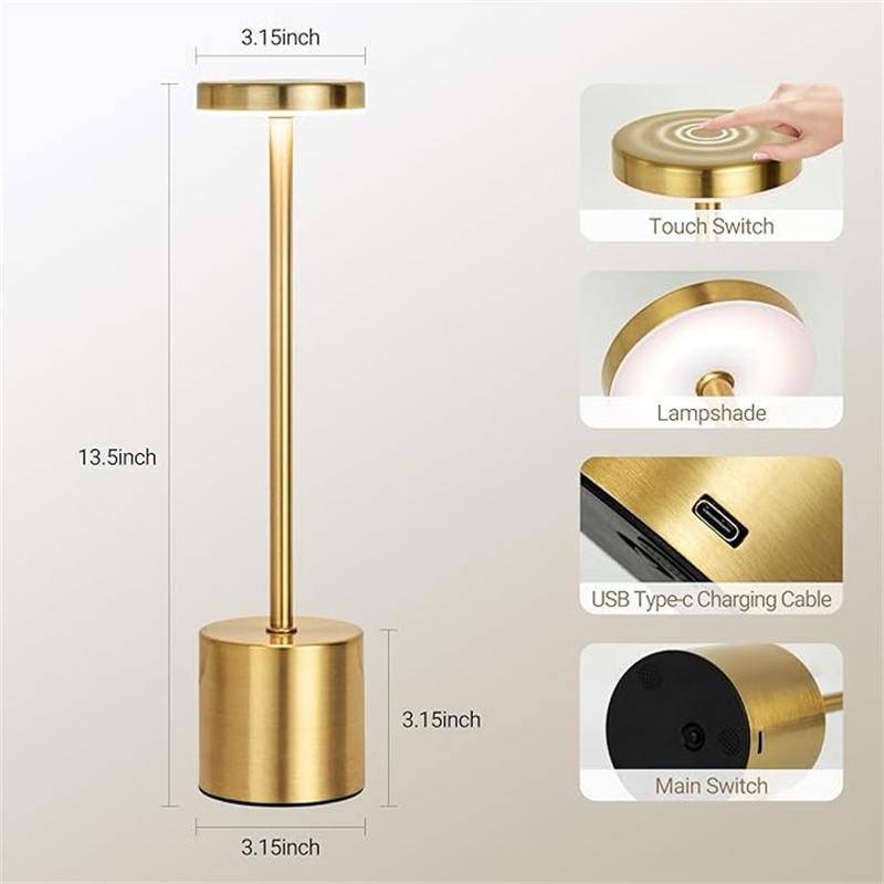 Lampada da tavolo classica in metallo 1PC Luce notturna ricaricabile USB Dimmerazione continua Touch Lampada da comodino a 3 livelli Decorazione bar dell'hotel