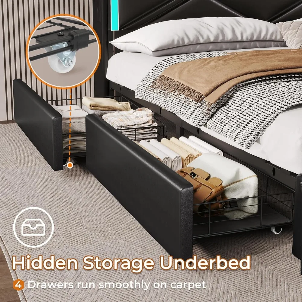 Bed Frame with Storage Drawers & LED Lights Headboard, Faux Leather Platform Bed with USB-C Charging Station