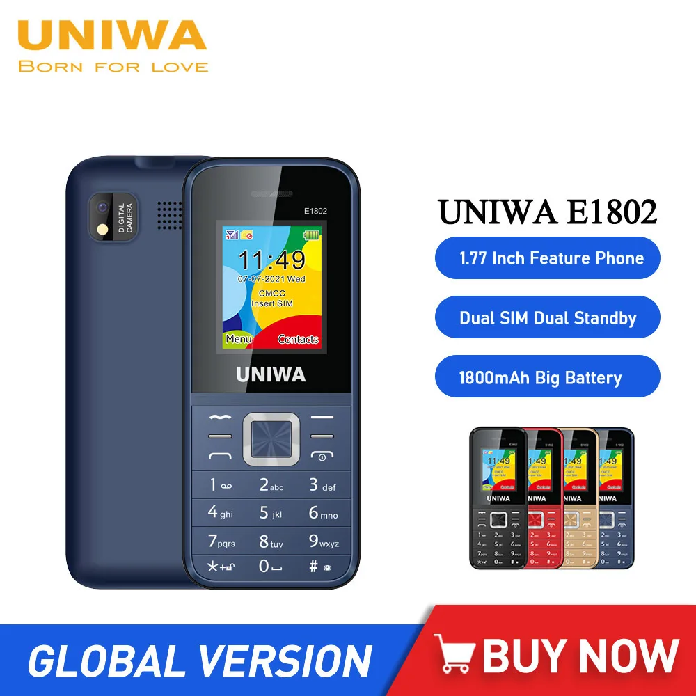 UNIWA E1802 2G ĐTDĐ 1.77 Inch Lật Điện Thoại Nút Nhấn 1800MAh Điện Thoại Cao Cấp Cho Cả Dual SIM sạc Dự Phòng Không Dây FM